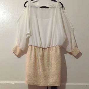 Cream and gold cocktail dress from Von Maur perfect for any party!